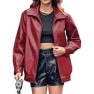 Women's Dark Red Faux Leather Casual Zip Up Trendy Bomber Motorcycle Jacket
